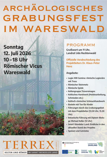 Plakat zum Grabungsfest am 12. Juli 2026 mit Programm vor dem Bild der Visualisierung des gallo-römischen Tempels