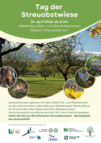 Plakat mit Bild einer Streuobstwiese, darauf steht: Tag der Streuobstwiese am 24.April 2026 ab 16 Uhr am Kelterhaus des OGV Hasborn-Dautweiler