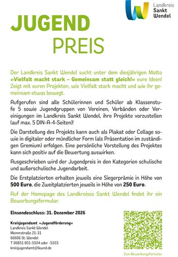 Plakatrückseite zum Jugendpreis 2026 des LAndkreises Sankt Wendel mit Bewerbungsmodalitäten und Kontaktdaten