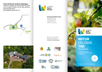 Rückseite des Flyers zum Naturerlebnistag mit Anfahrtskizze und Logos der teilnehmenden Vereine und Institutionen